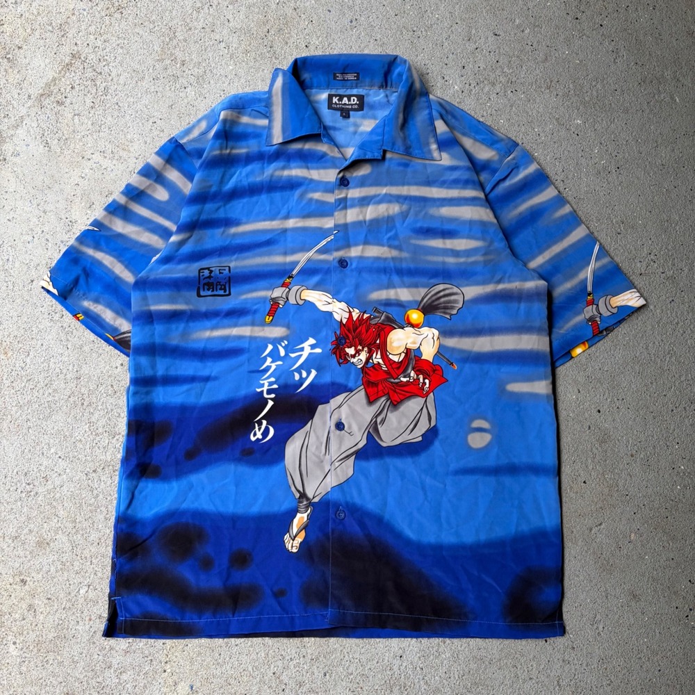 K.A.D. Clothing Co. Anime Samurai Graphic Button Down Shirt Blue Mens Large